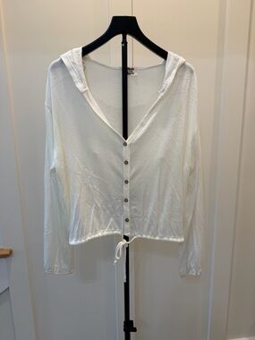 Lightweight White Hooded Button-Front Top with Drawstring
